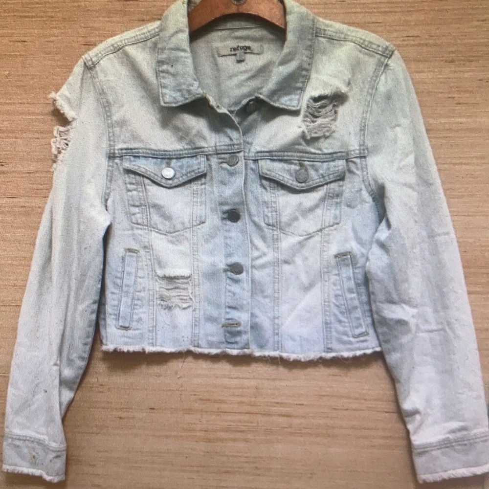 Refuge Womens‎ Distressed Cropped Denim Jacket Light Wash Blue Size L